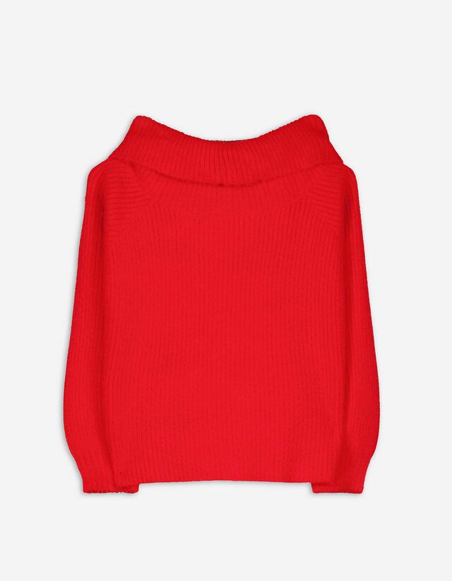 Sweter z dzianiny - dekolt carmen - czerwony