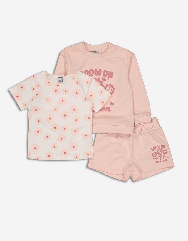 Set bluză de corp cu mânecă lungă și pantaloni - Imprimeu floral - Roz