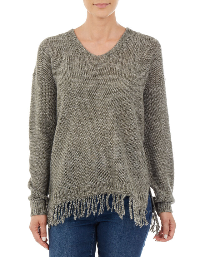 Damen Strickpullover mit Fransen am Saum