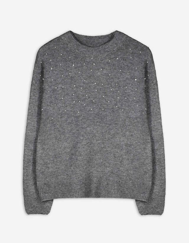 Strickpullover - Zierperlen - grau