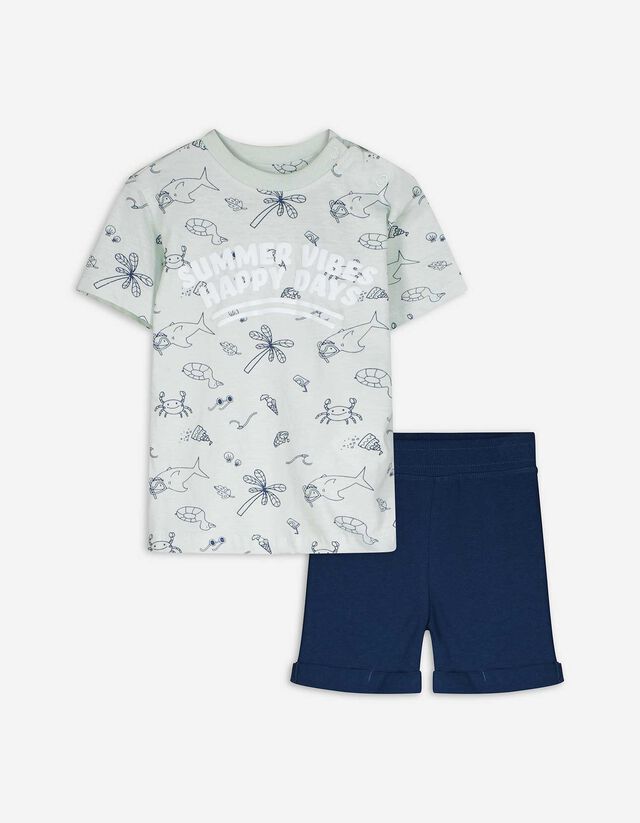 Pyjama Set aus Shirt und Shorts - Allover-Muster - hellgrün