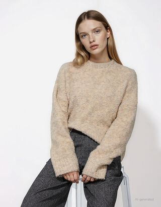 Žebrovaný pletený svetr - Spadlá ramena - béžová