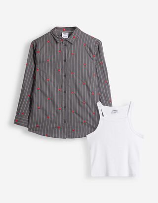 Ensemble top et chemisier  - Broderies - gris fonc&eacute;