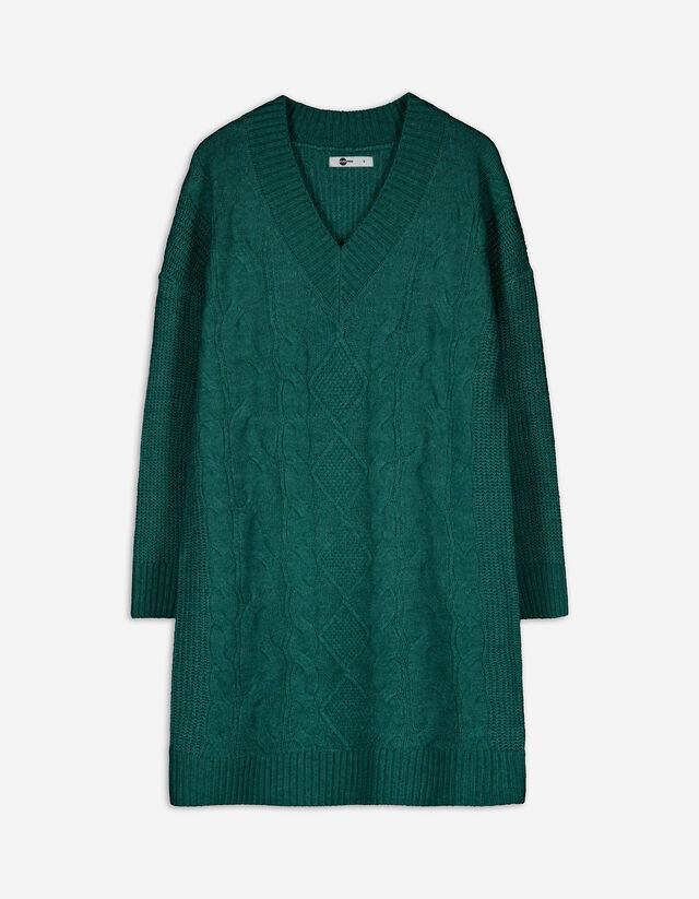 Rochie tricotată - tricot cablu - Verde inchis