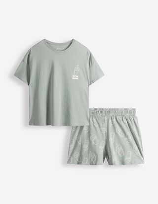 Pyjama Set aus Shirt und Shorts - Allover-Print - t&uuml;rkis