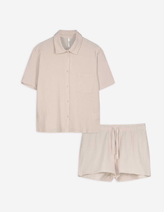 Pyjama Set aus Shirt und Shorts - Musselin - beige