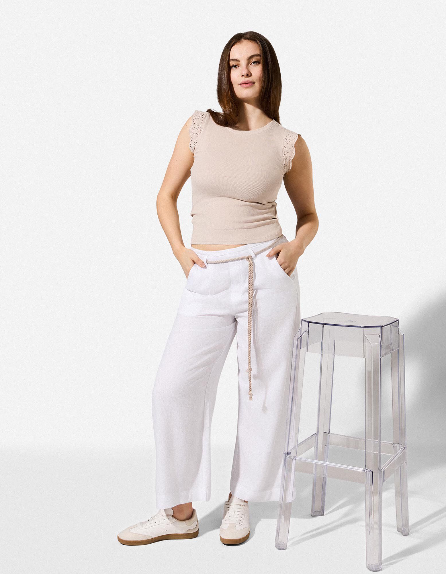 Jupe-culotte - Aspect lin - Blanc cass&eacute;
