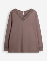 Langarmshirt - Spitzenbesatz - Braun