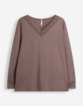 Langarmshirt - Spitzenbesatz - Braun