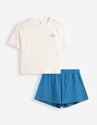 Pyjama Set aus Shirt und Shorts - Streifen - wei&szlig;