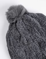 Bommelmütze - Zopfstrick - dunkelgrau