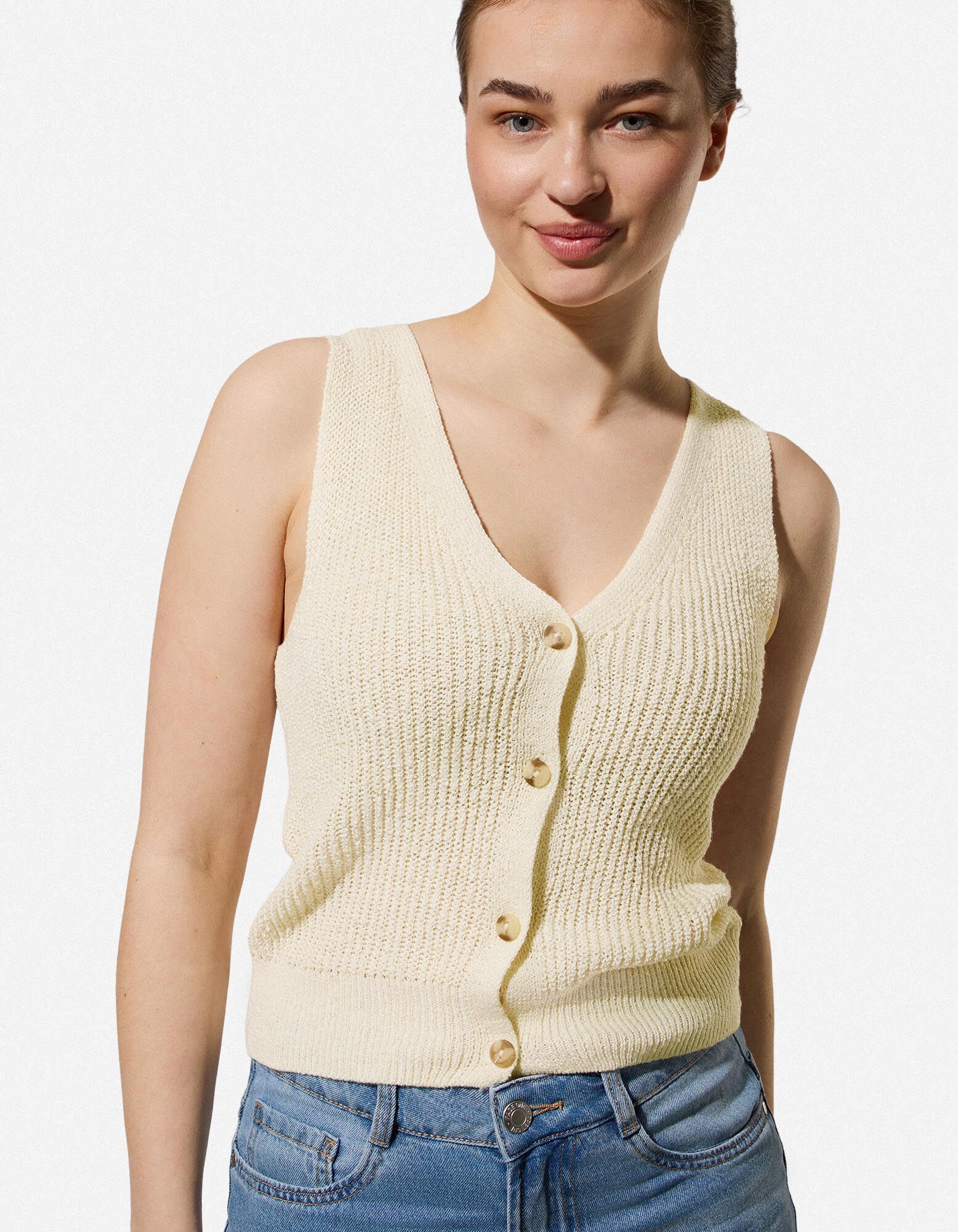 Gebreide top - Knoopsluiting - wit