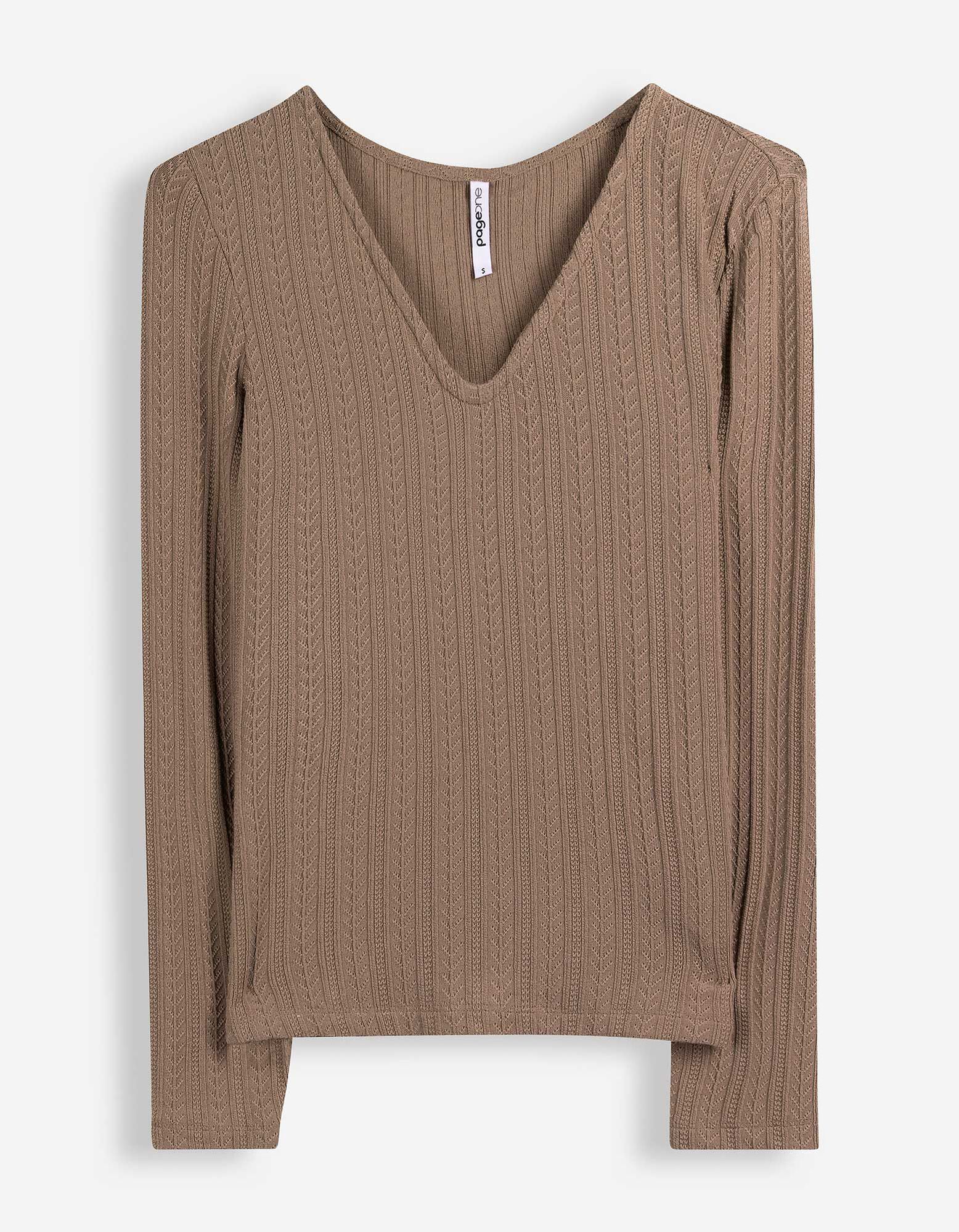 Langarmshirt - V-Ausschnitt - Braun