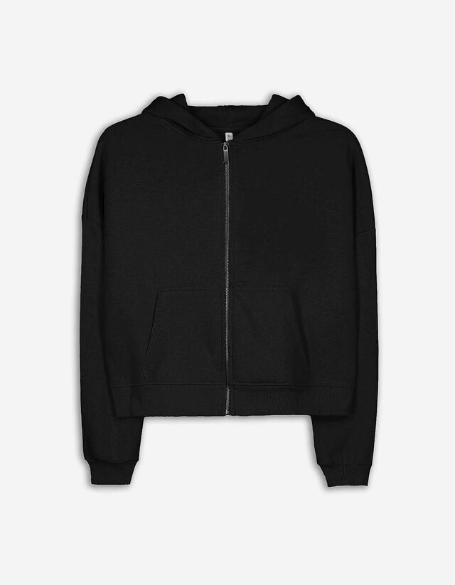 Cropped sweatjack - Capuchon met tunnelkoord - zwart
