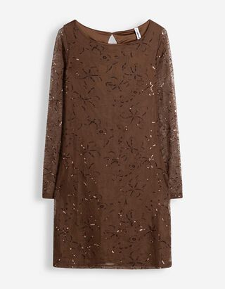 Kleid - Paillettenbesatz - Braun