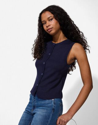 Gebreide top - Knoopsluiting - donkerblauw