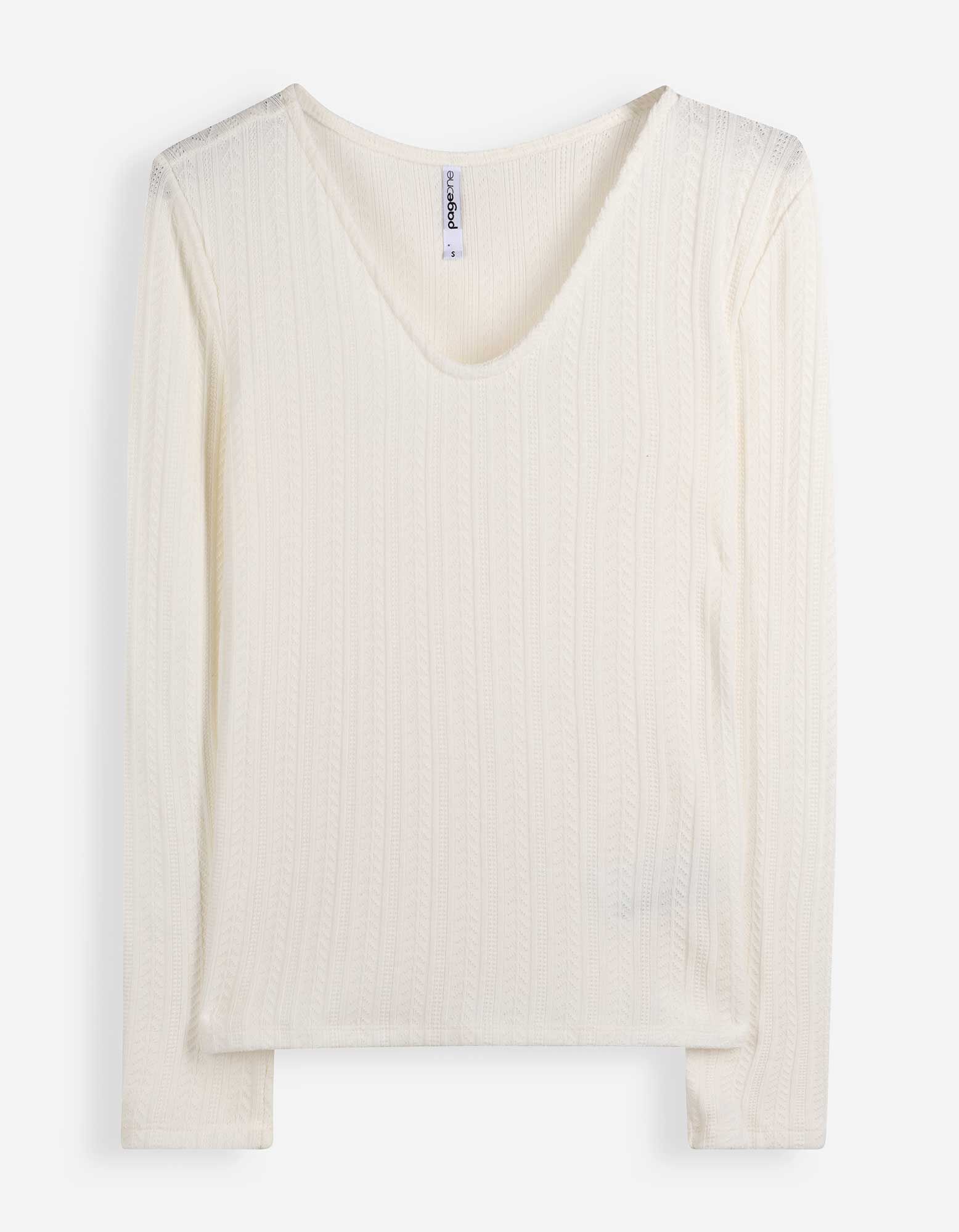 Langarmshirt - V-Ausschnitt - Off-White