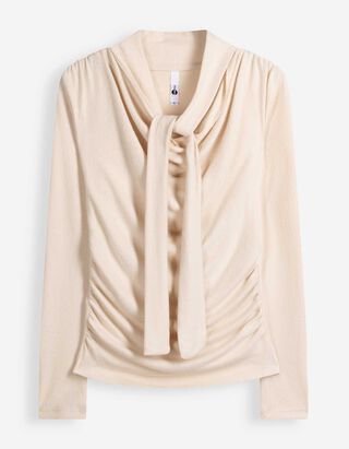 Langarmshirt - Schalkragen - Beige