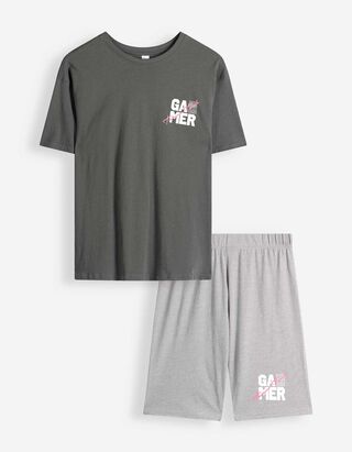 Pyjama Set aus Shirt und Shorts - Mustermix - bronzefarben