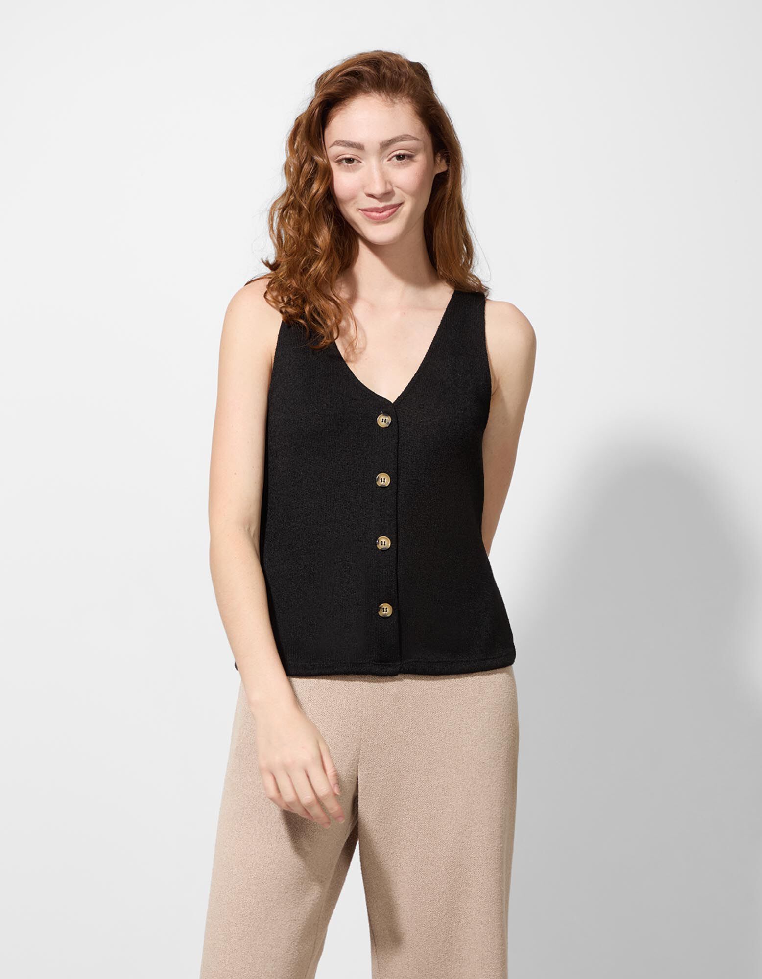 Gebreide top - Knoopsluiting - Zwart