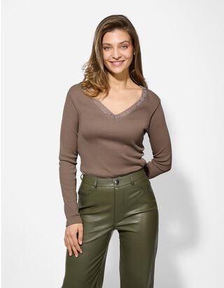 Langarmshirt - Spitzenbesatz - hellbraun