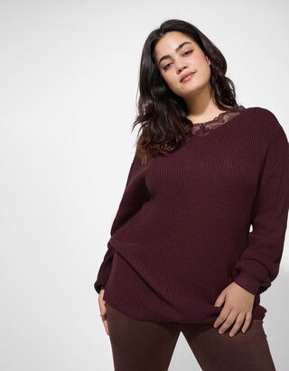 Pullover - Spitzenbesatz - dunkellila