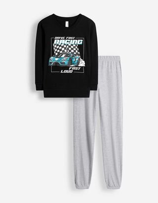 Pyjama Set aus Shirt und Hose - Print - Schwarz