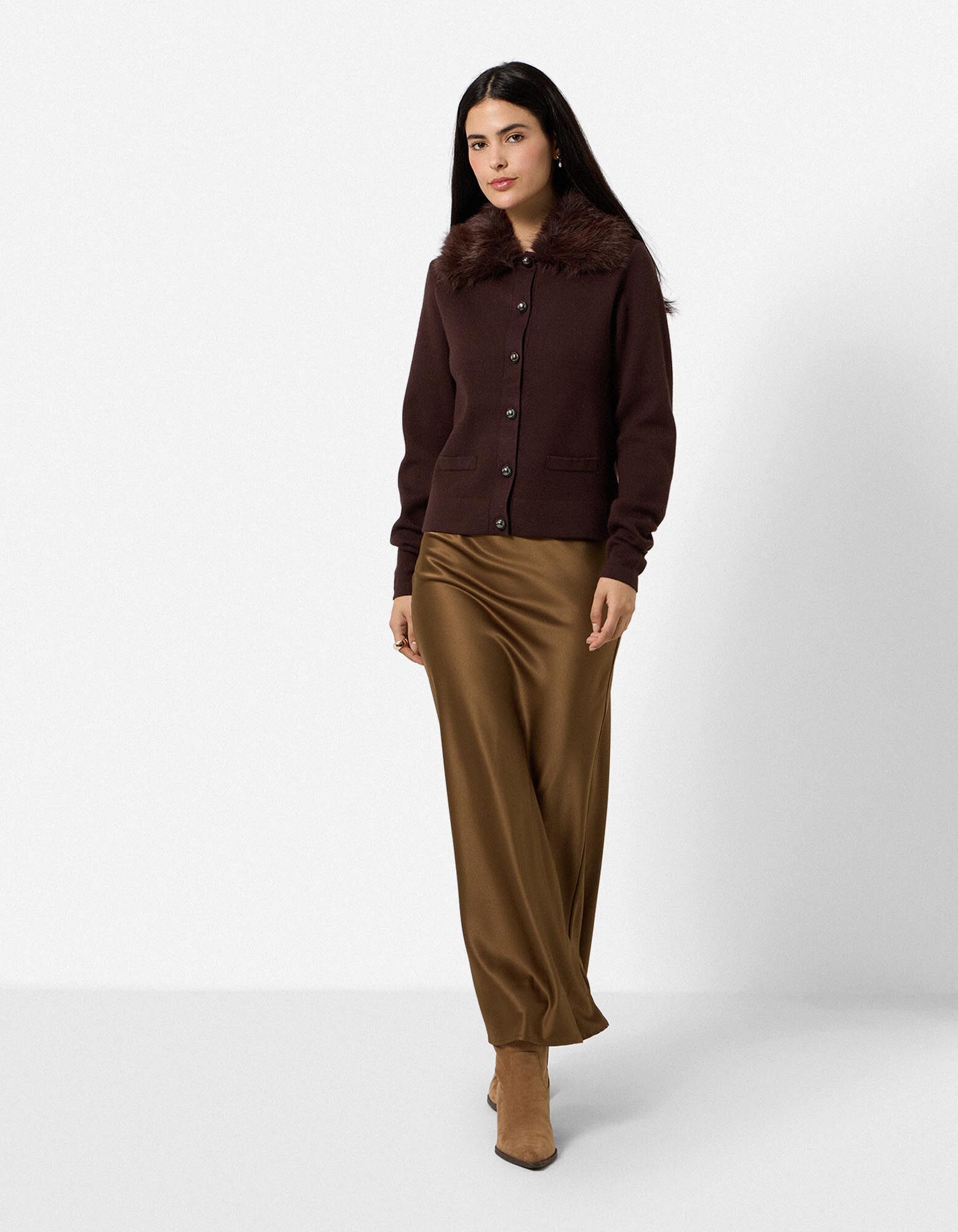 Cardigan - Col en fausse fourrure amovible - brun fonc&eacute;