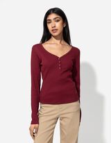 Majica dugih rukava - Ukrasni gumbi - tamno crvena