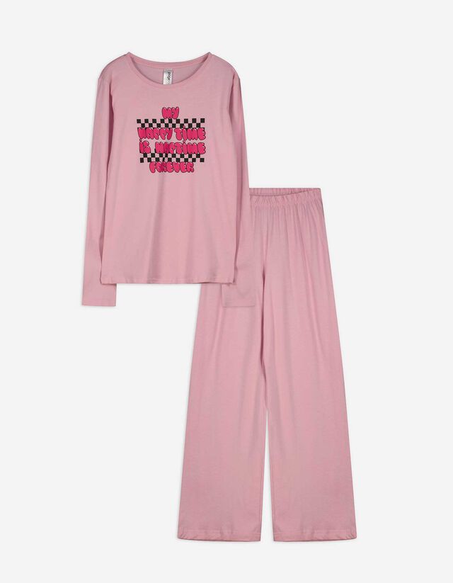 Pyjama Set aus Langarmshirt und Hose  - Print - pink
