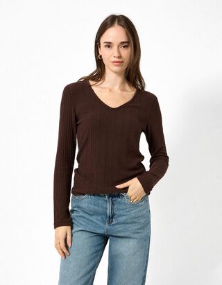 Langarmshirt - V-Ausschnitt - Dunkelbraun