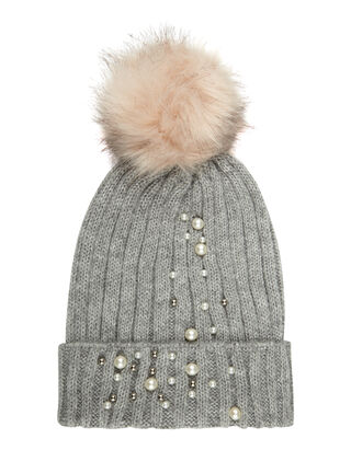 Damen Strickm&uuml;tze mit Perlenbesatz und Bommel