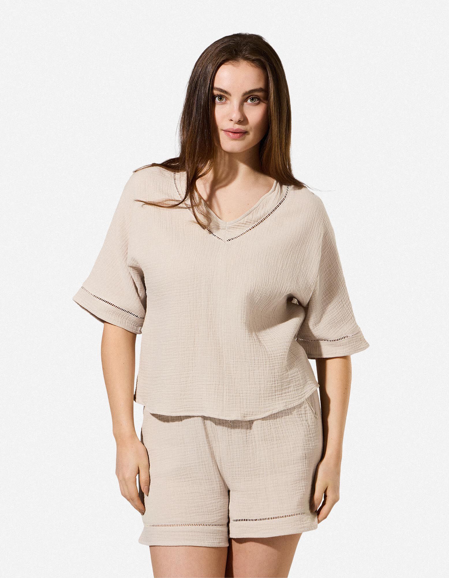 Blusenshirt - einfarbig - Beige
