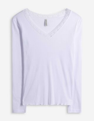 Langarmshirt - Spitzenbesatz - weiß