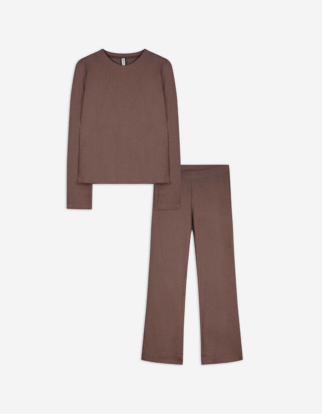 Pyjama Set aus Langarmshirt und Hose  - Waffelstruktur - hellbraun