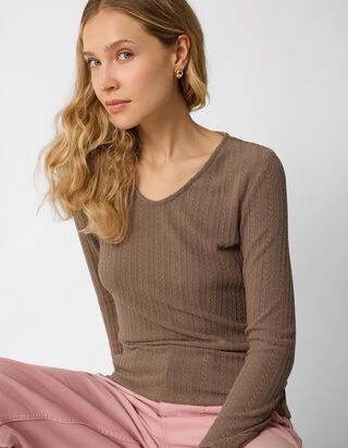 Langarmshirt - V-Ausschnitt - Braun