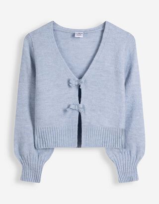 Strickpullover - Schleifenapplikation - Hellblau