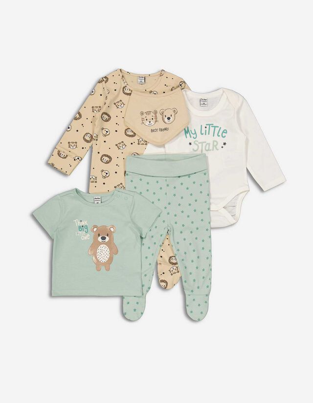 Set format din body cu mânecă lungă, pantaloni, tricou, salopetă și bavețică - Imprimeu allover - Verde deschis