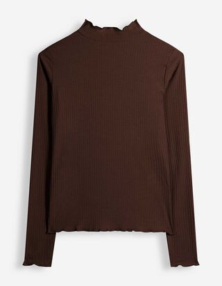 Langarmshirt - Rippenstruktur - Dunkelbraun