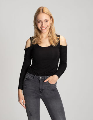T-shirt &agrave; manches longues - Viscose m&eacute;lang&eacute;e - Noir