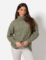 Sweter z dzianiny - dzianina kablowa - ciemny zielony