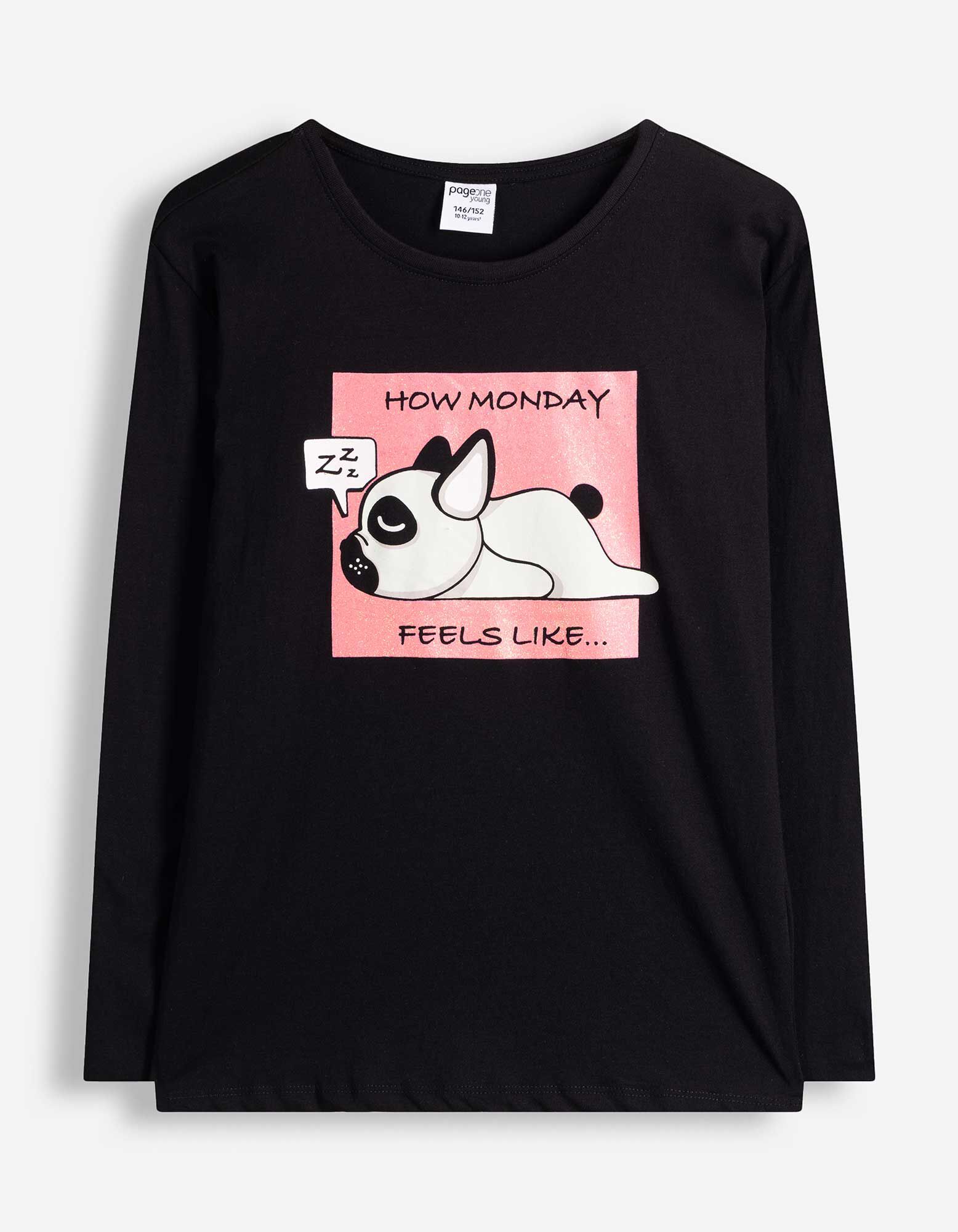 Langarmshirt - Frontprint - Schwarz