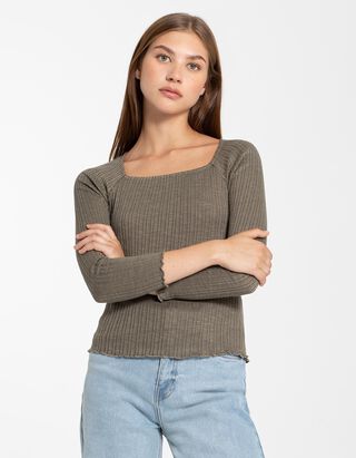 T-shirt &agrave; manches longues - Viscose m&eacute;lang&eacute;e - Vert fonc&eacute;