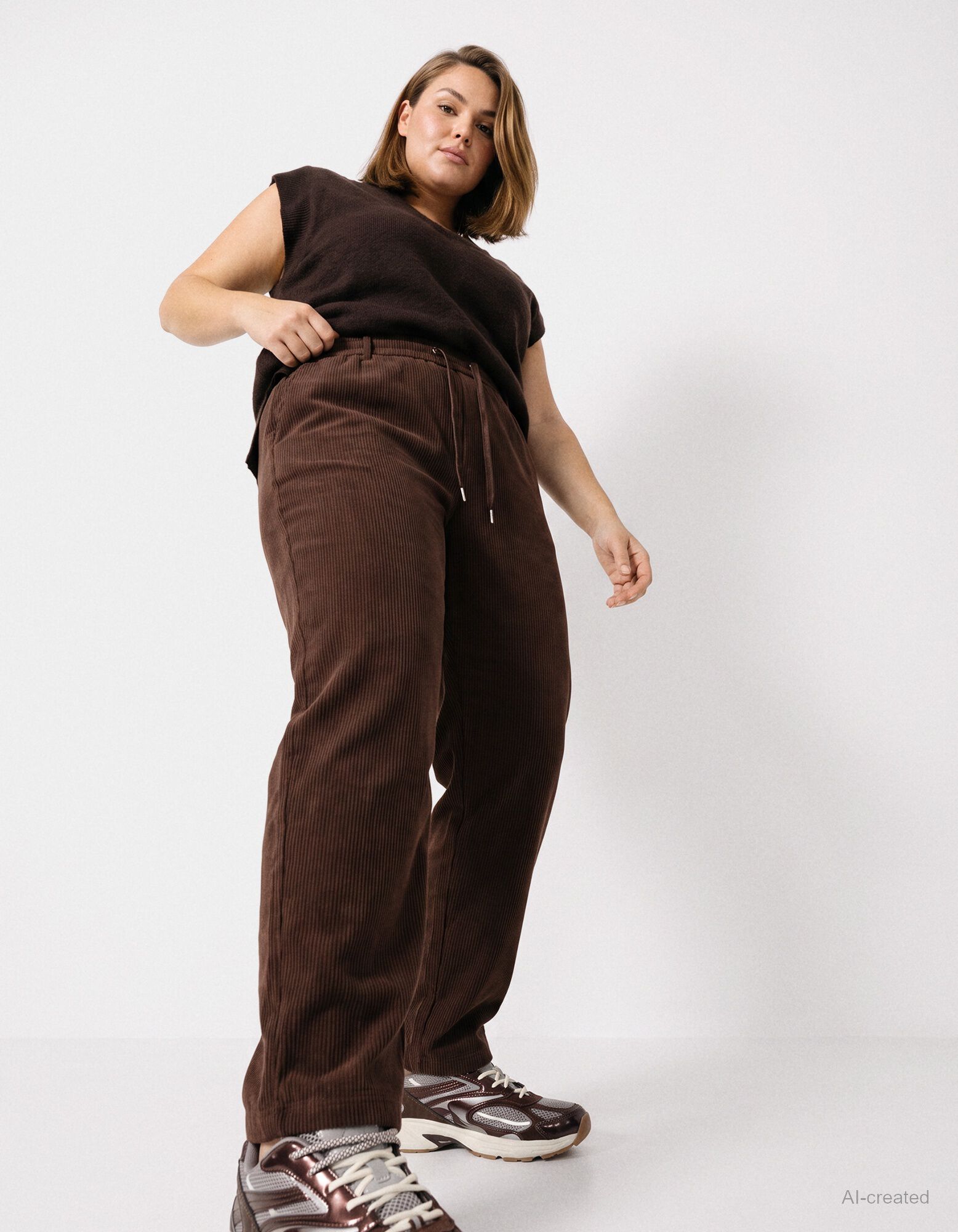Pantalon en velours c&ocirc;tel&eacute; - Ceinture &eacute;lastique - Brun