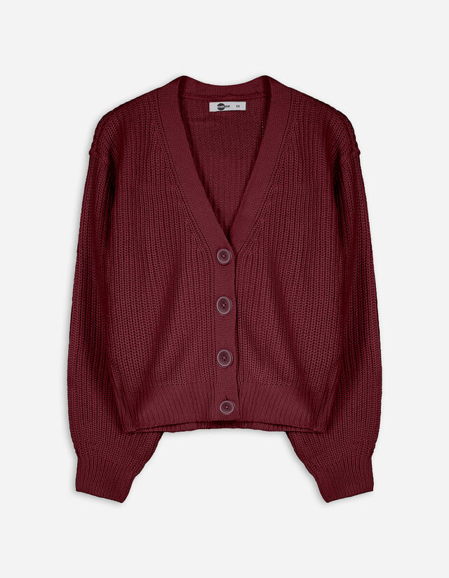 Cardigan - Tricot cu nervuri - Rosu inchis