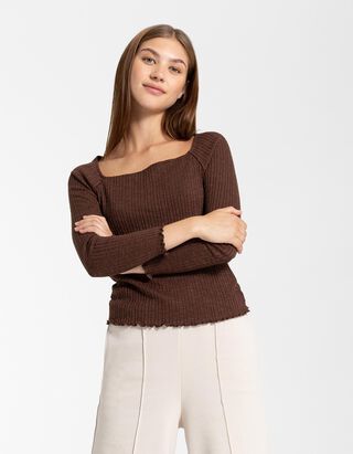 T-shirt &agrave; manches longues - Viscose m&eacute;lang&eacute;e - Brun