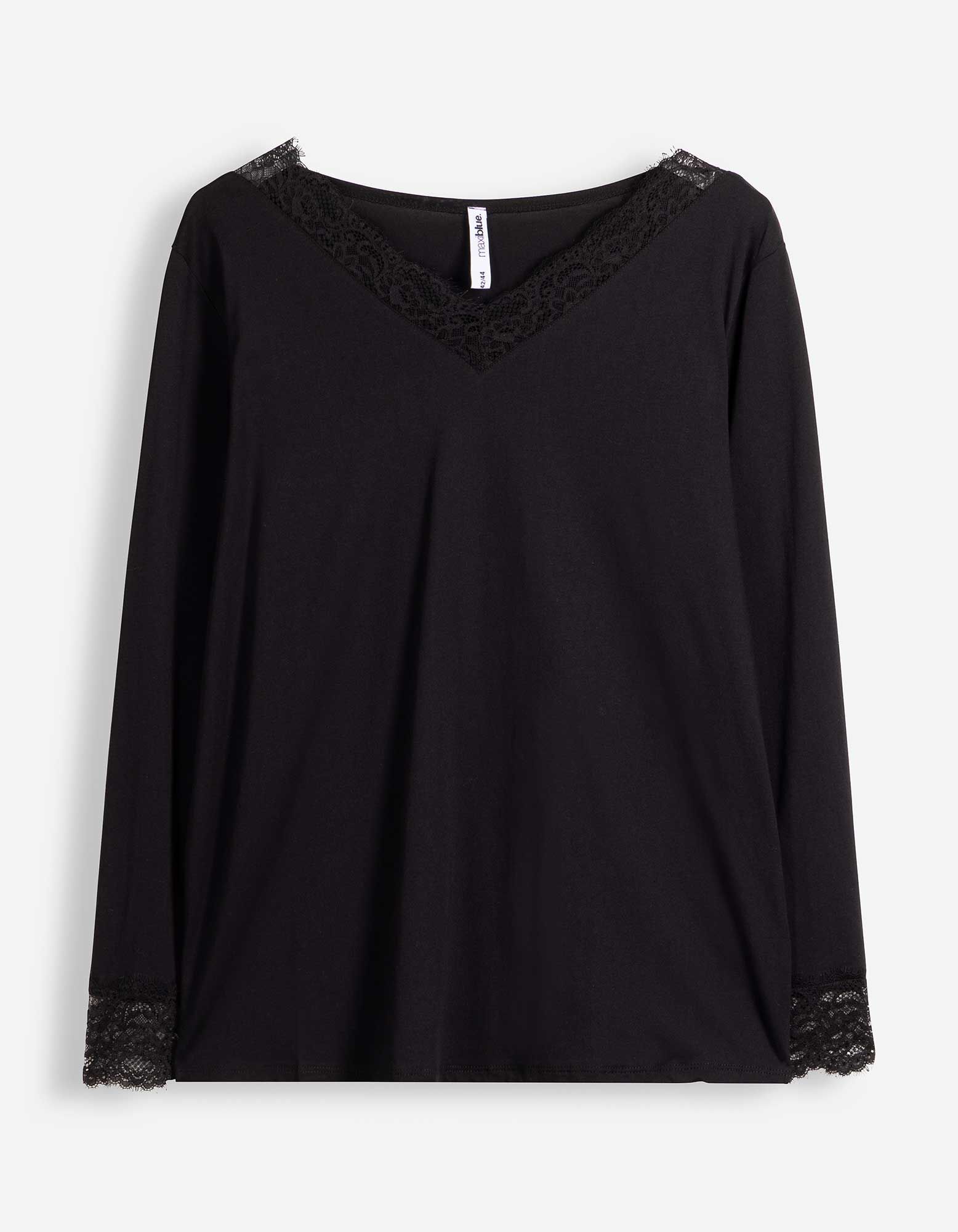 Langarmshirt - Spitzenbesatz - Schwarz