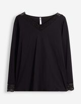 Langarmshirt - Spitzenbesatz - Schwarz