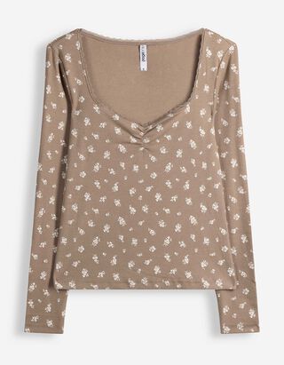 Langarmshirt - Spitzenbesatz - Beige
