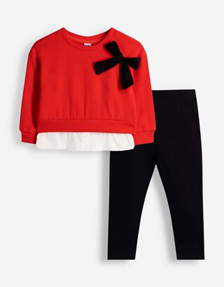 Set aus Sweatshirt und Leggings - Schleifenapplikation - Rot